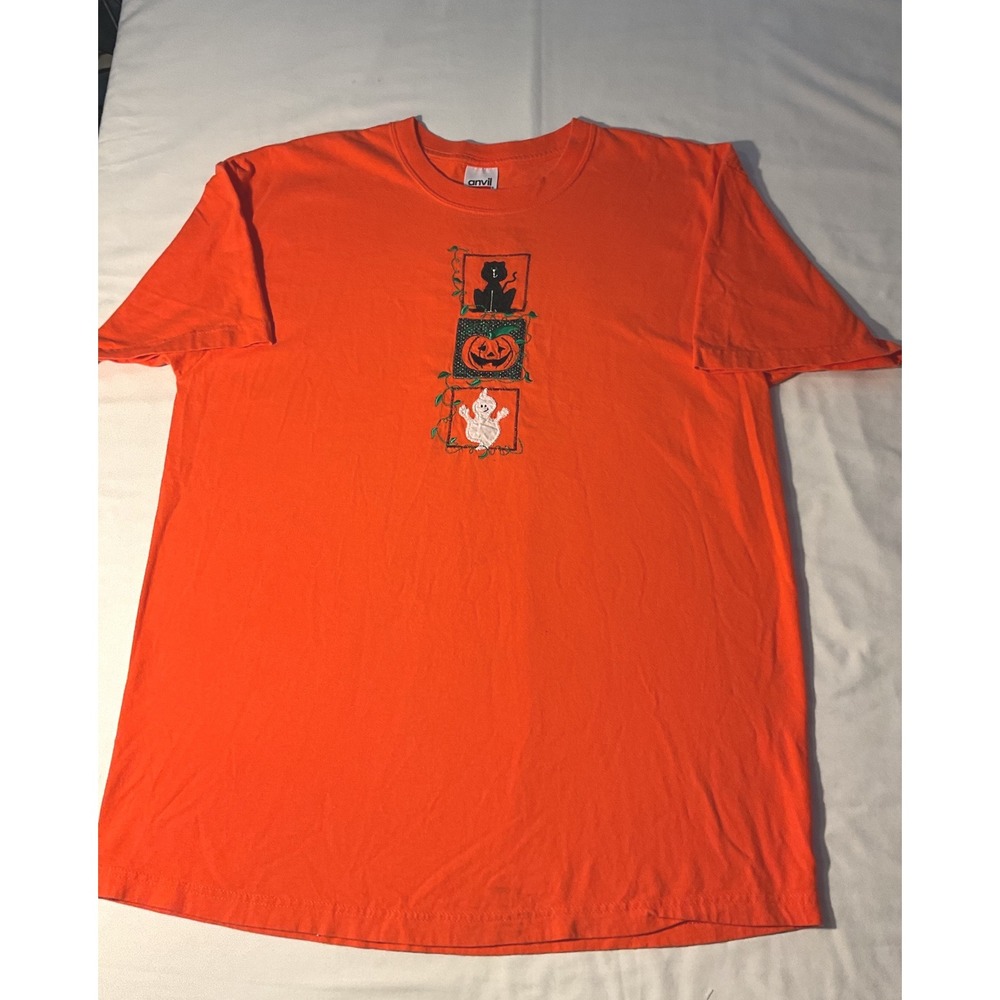 Vintage 90's Anvil Halloween T-Shirt XL Orange Cat Pumpkin Ghost Graphic Tee